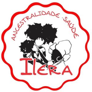 Circulo ondulado na cor vermelha. No centro, em vermelho os dizeres "Ancestralidade-Saúde-Ilera" e o desenho de uma senhora benzendo uma criança com uma adulta responsável segurando a criança.