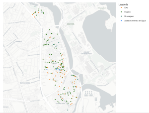 Mapa da Maré, com pequenas marcações espalhadas pelo bairro, cada pontinho tem um significado e uma cor diferente, na legenda descreve as seguintes categorias: Lixo, Esgoto, Drenagem e Abastecimento de Água.