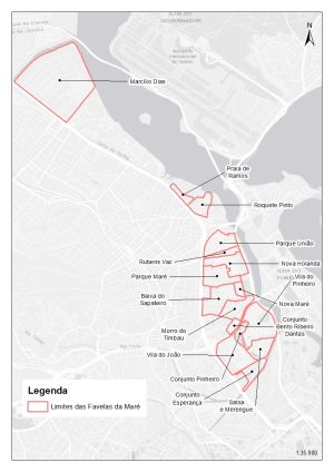 Mapa do território da Maré, com linhas vermelhas no contorno dos subbairros da Maré.